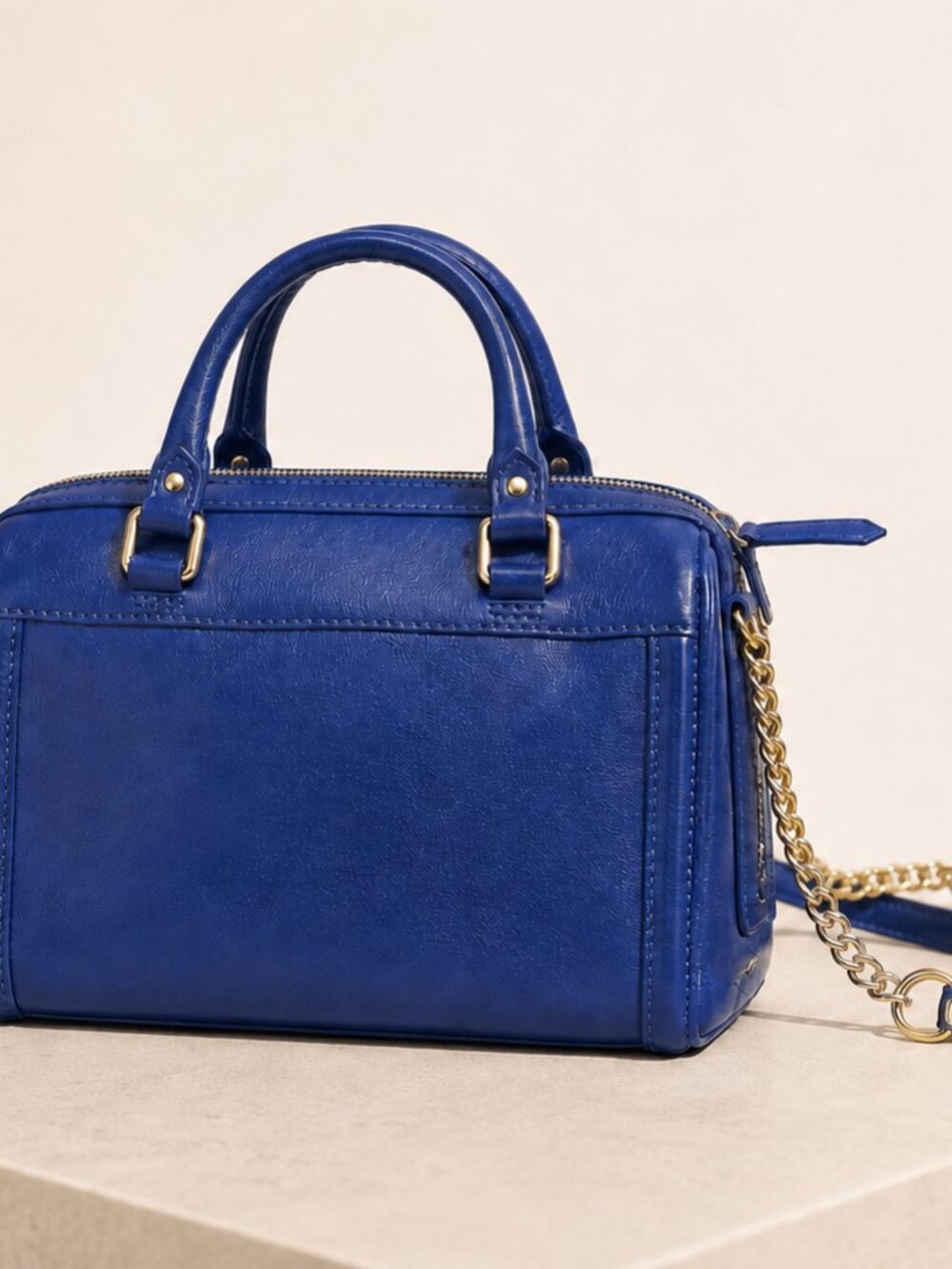 REISS Cobalt Blue Leather Mini Satchel Handbag Gold Chain Strap - Picture 3 of 4
